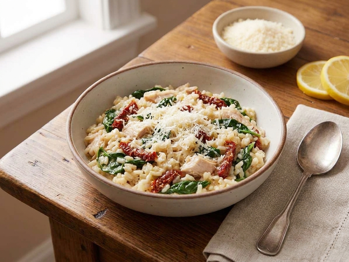 A bowl of lemon garlic chicken and rice with wilted spinach and grated Parmesan on top, sitting on a simple dinner table