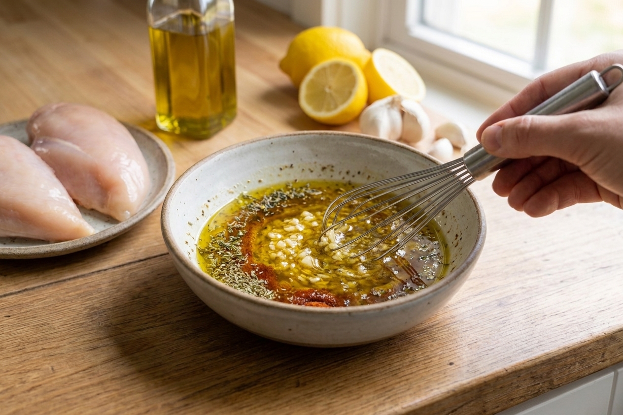 A bowl of lemon garlic marinade with olive oil and spices being whisked on a kitchen counter with chicken breasts nearby