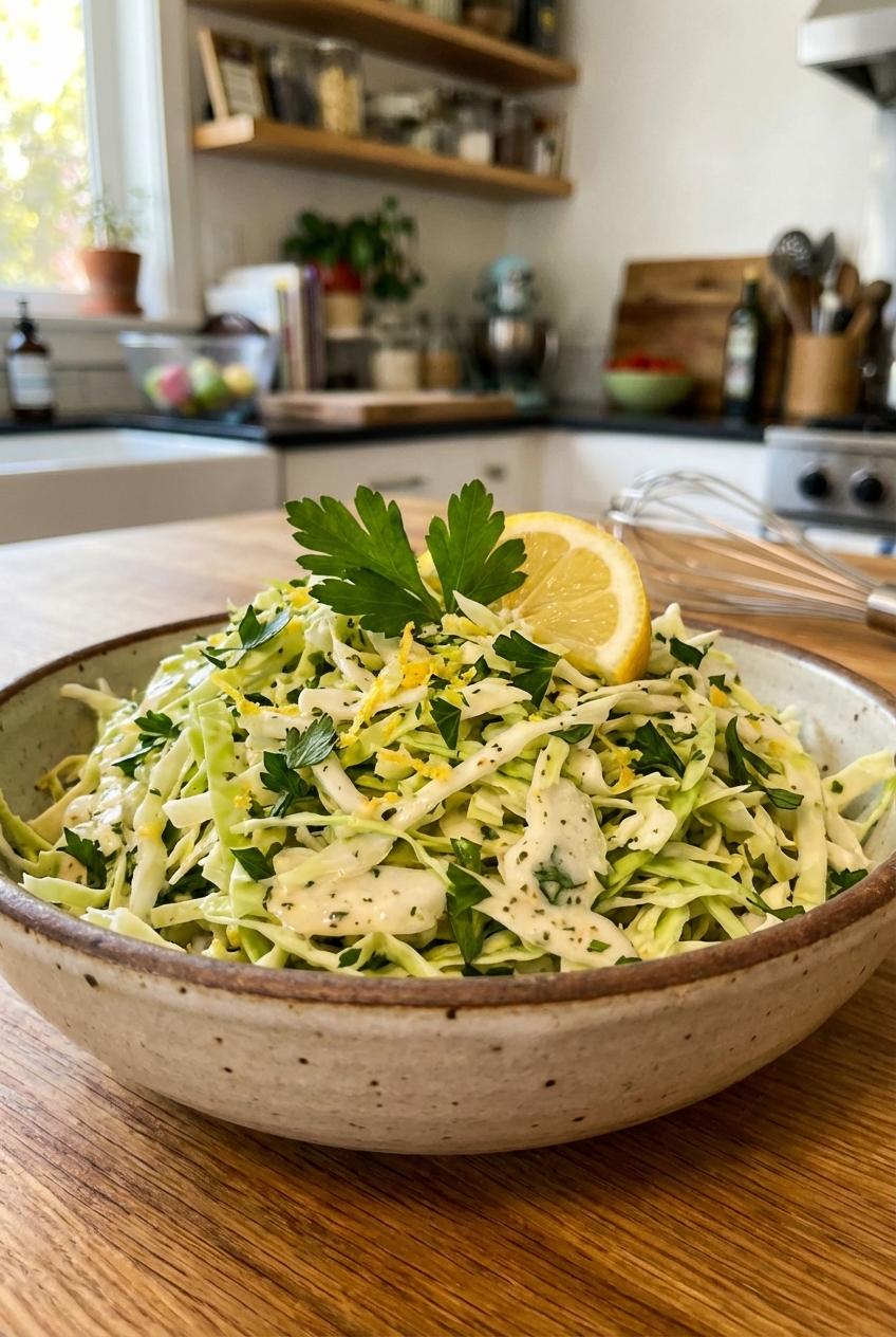 A bowl of lemon herb coleslaw with green cabbage and fresh parsley