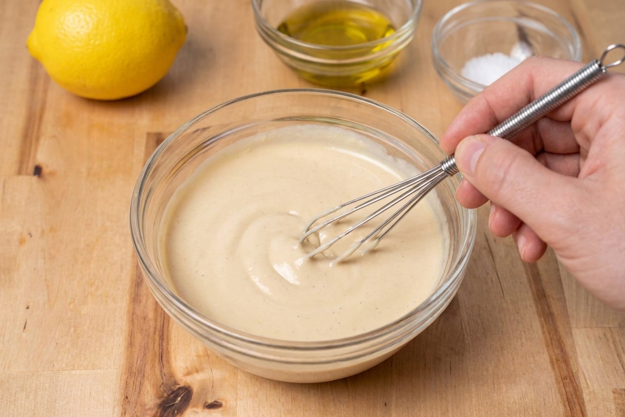 A bowl of lemon tahini sauce being whisked until smooth and creamy on a kitchen counter