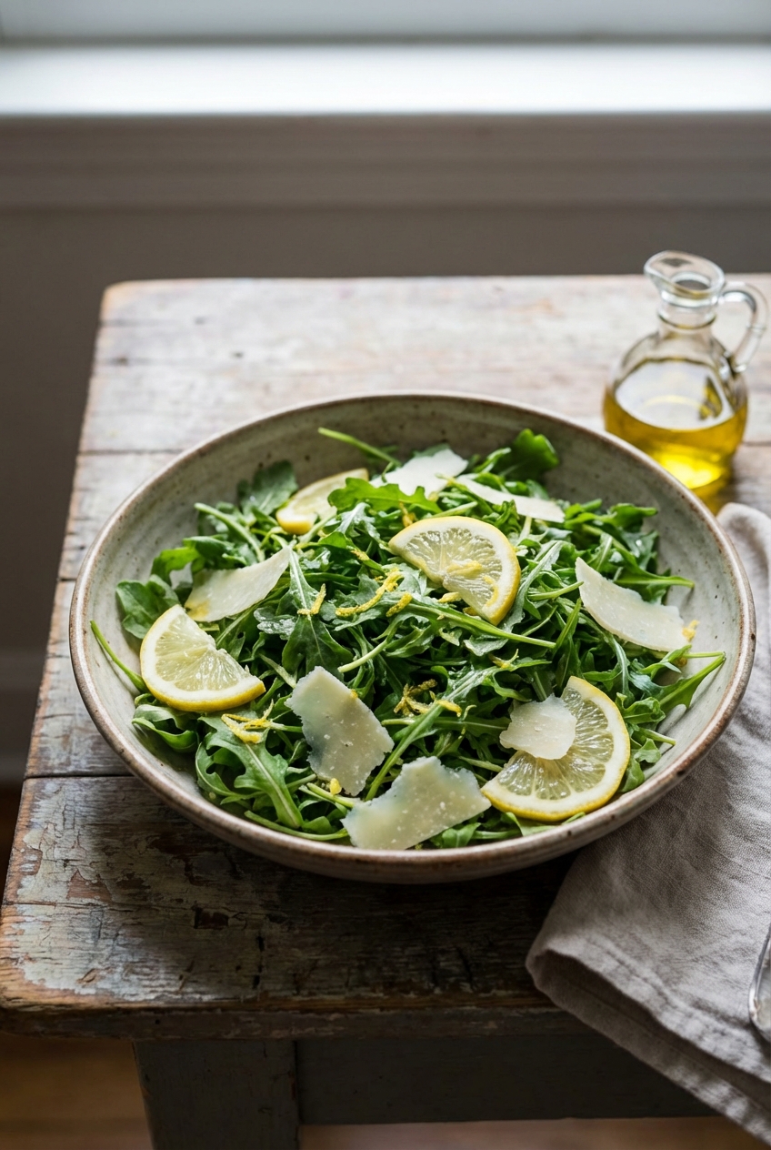 A bowl of lemony arugula salad with shaved Parmesan on a wooden table