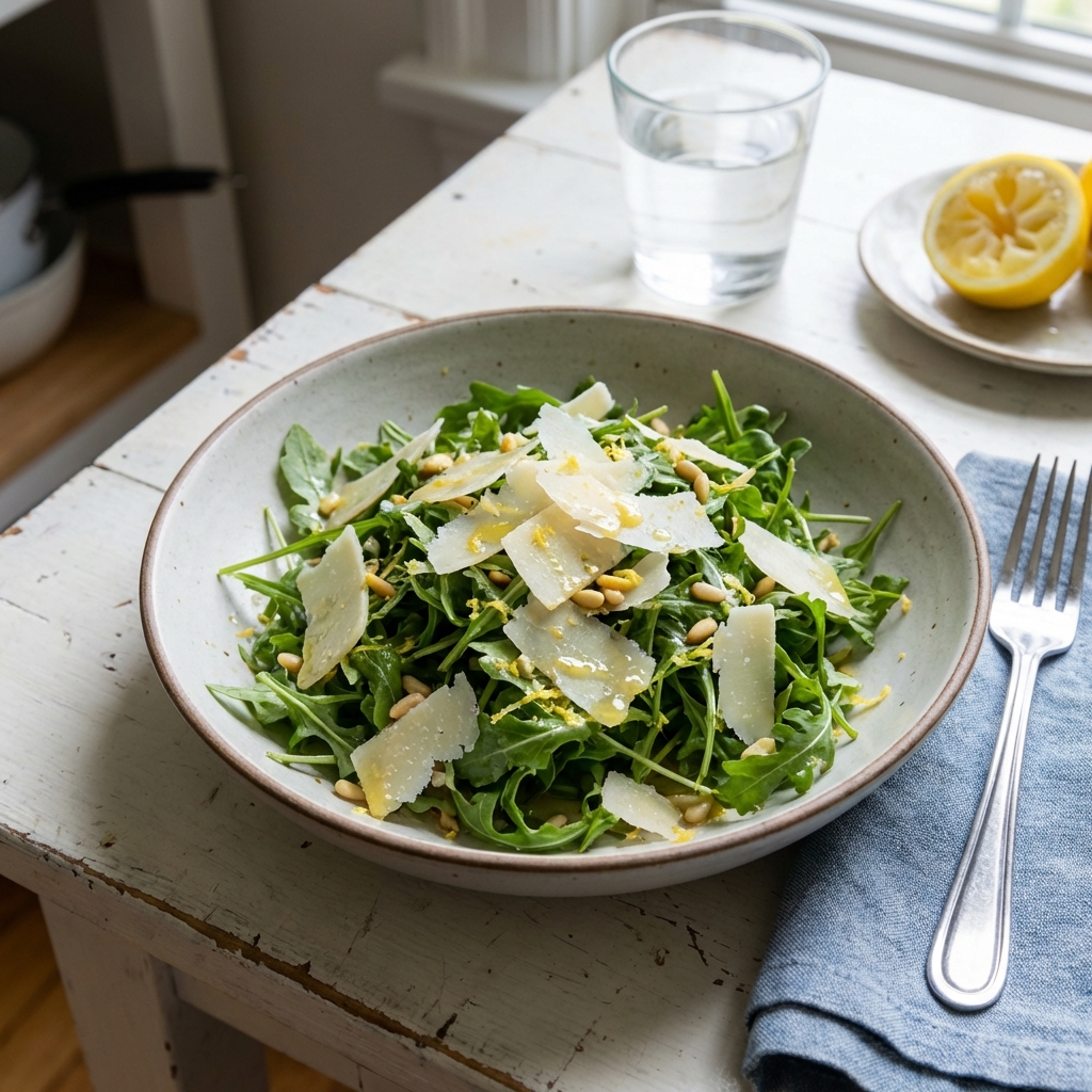 A bowl of lemony arugula salad with shaved parmesan on a white table