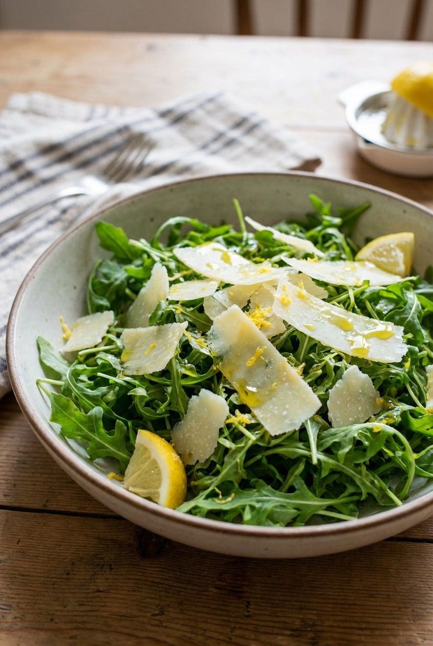 A bowl of lemony arugula salad with shaved parmesan and olive oil