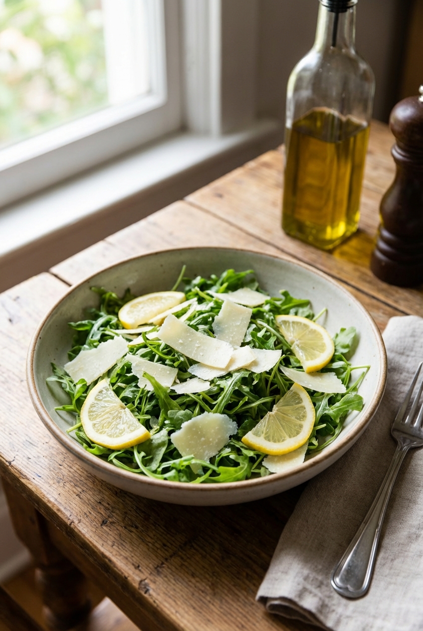 A bowl of lemony arugula salad with shaved parmesan in natural light
