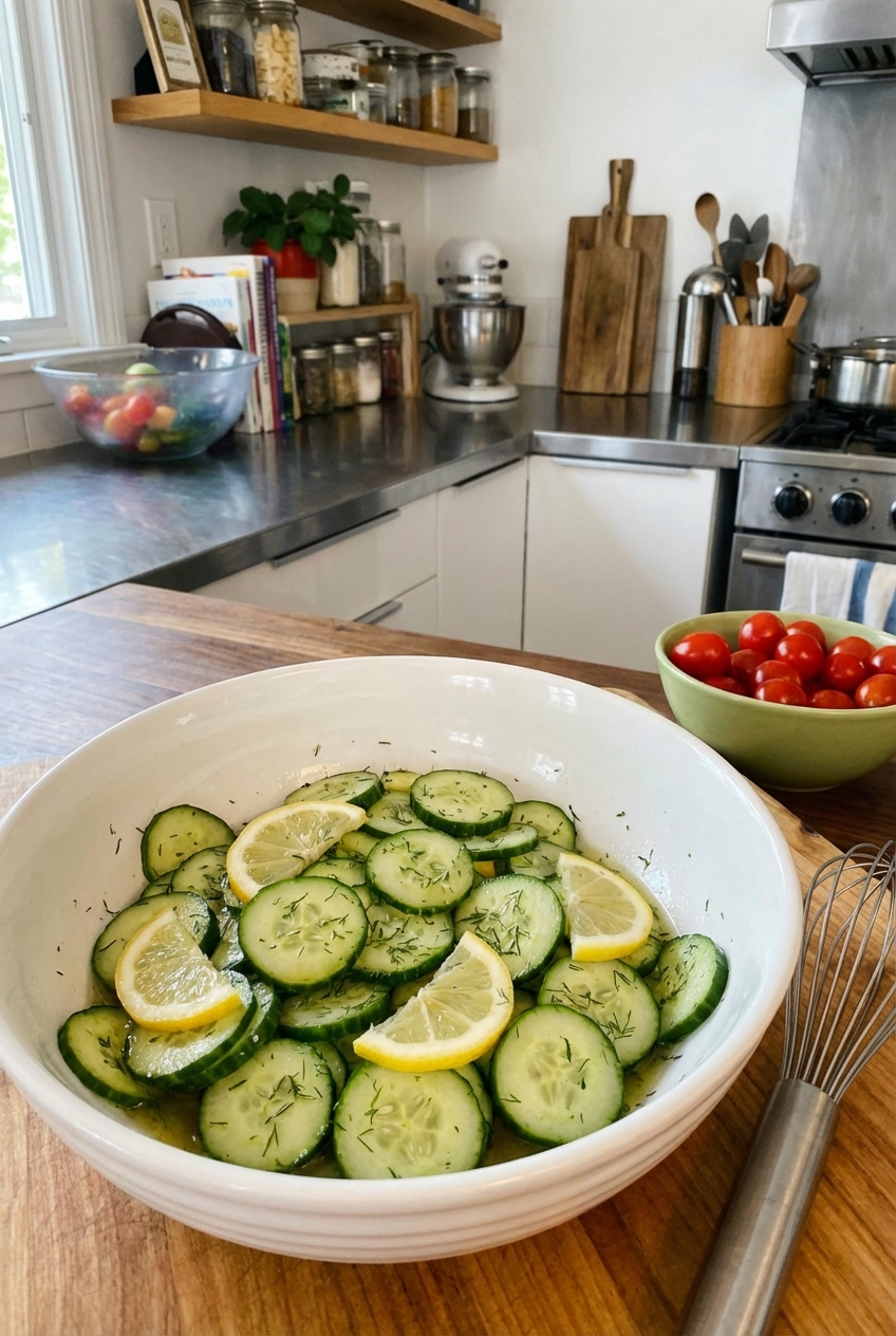 A bowl of lemony cucumber salad with dill in a white ceramic bowl on a kitchen counter