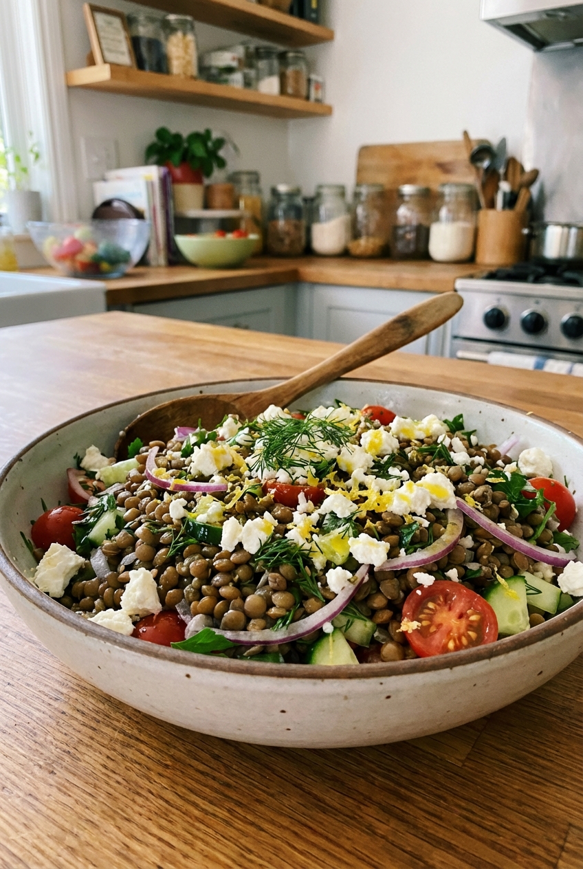 A bowl of lemony lentil salad with chopped herbs and feta