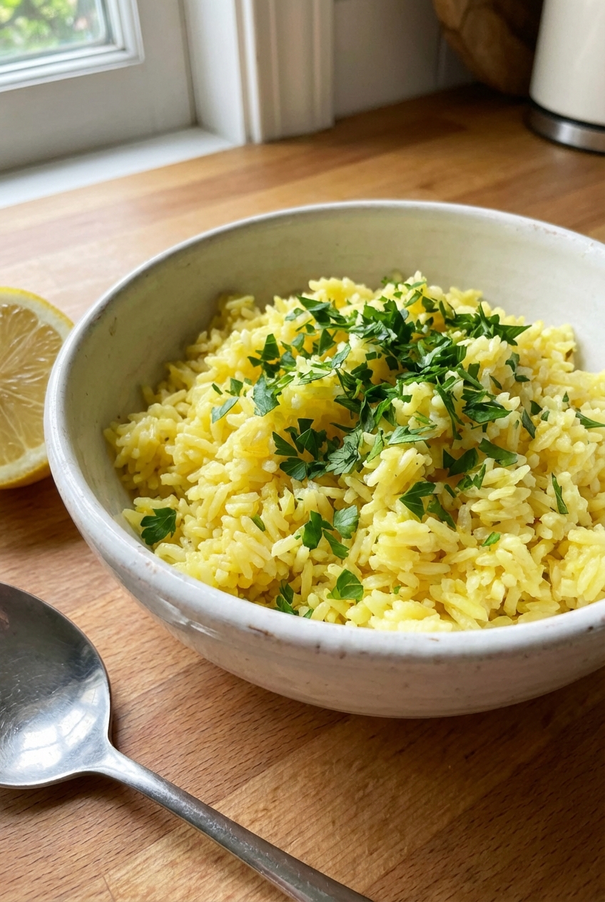 A bowl of lemony rice with parsley in a white ceramic bowl