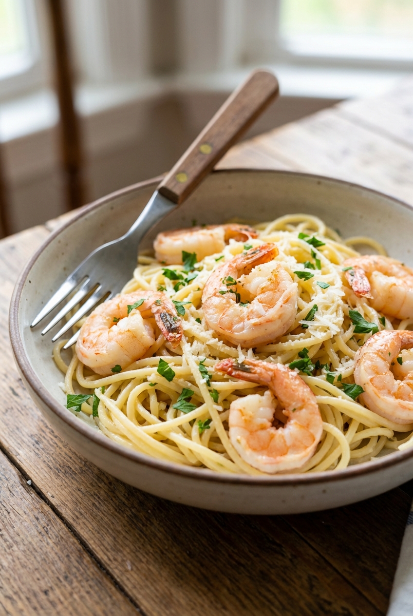 A bowl of lemony shrimp pasta with parsley and grated cheese on top, with a fork resting on the rim