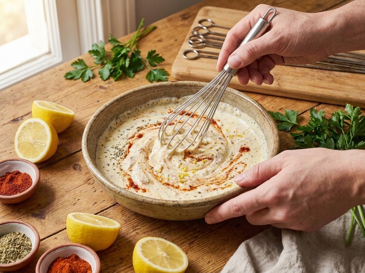 A bowl of lemony yogurt marinade being whisked with spices on a kitchen counter