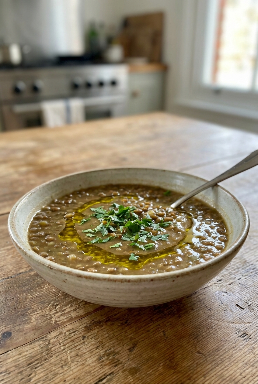 A bowl of lentil soup topped with a drizzle of olive oil and chopped parsley
