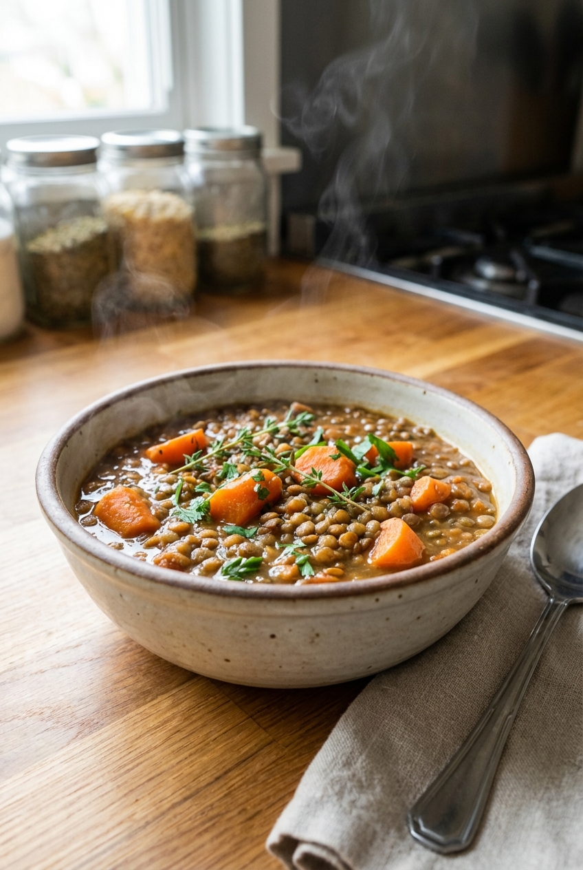 A bowl of lentil stew with carrots and herbs