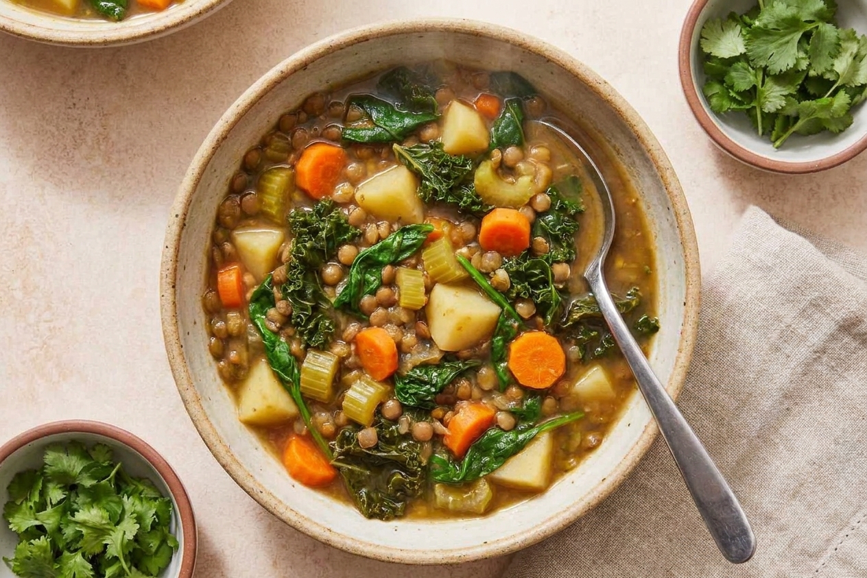 A bowl of lentil vegetable soup with greens stirred in