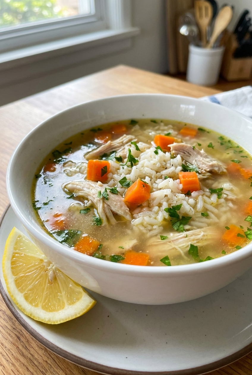 A bowl of light chicken and rice soup with shredded chicken, white rice, carrots, and flecks of herbs in a clear broth, with a lemon wedge on the side