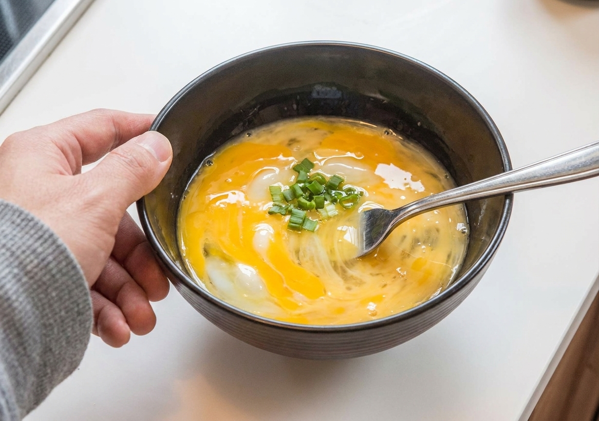 A bowl of lightly beaten eggs with visible yolk streaks on a kitchen counter