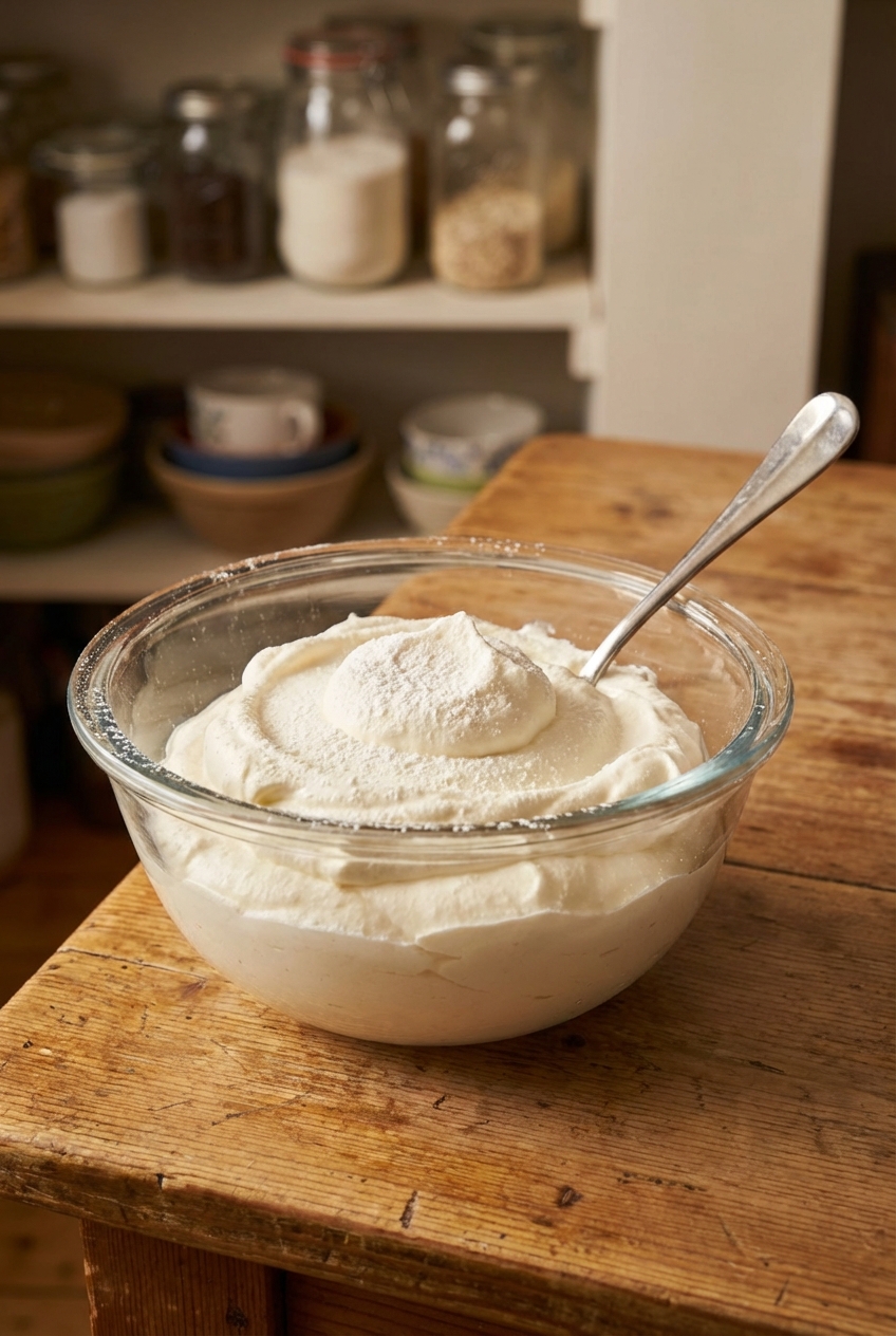 A bowl of lightly sweetened whipped cream with a spoon resting inside