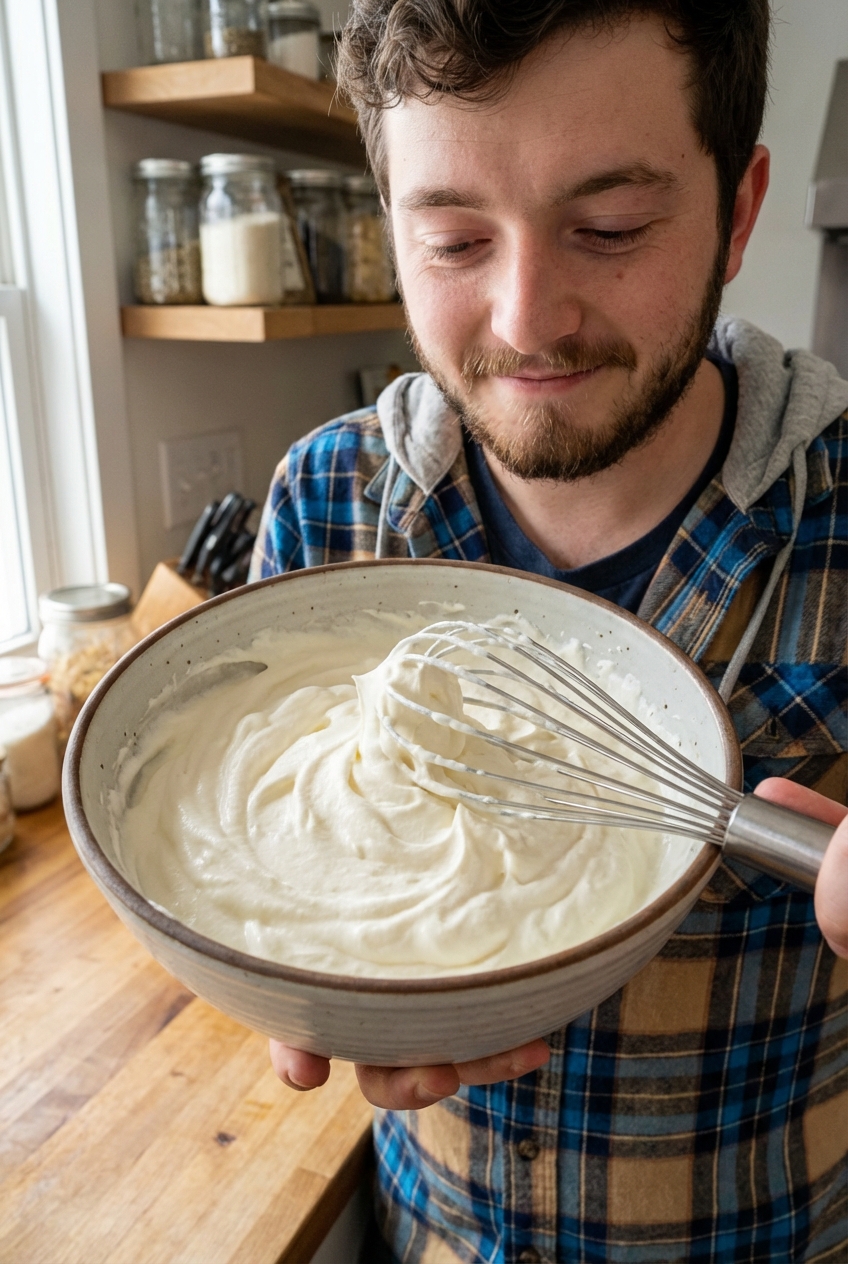 A bowl of lightly sweetened whipped cream with a whisk resting inside