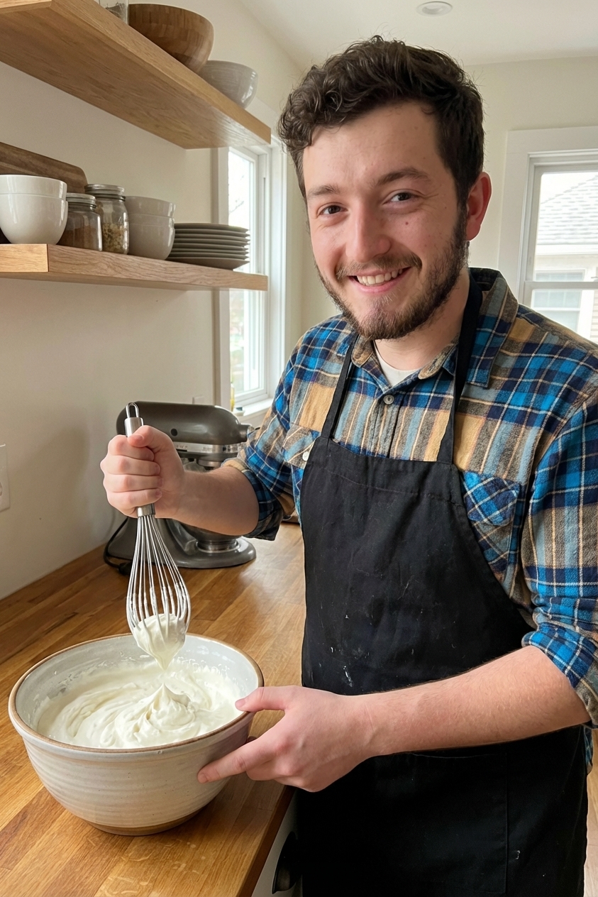 A bowl of lightly sweetened whipped cream with a whisk