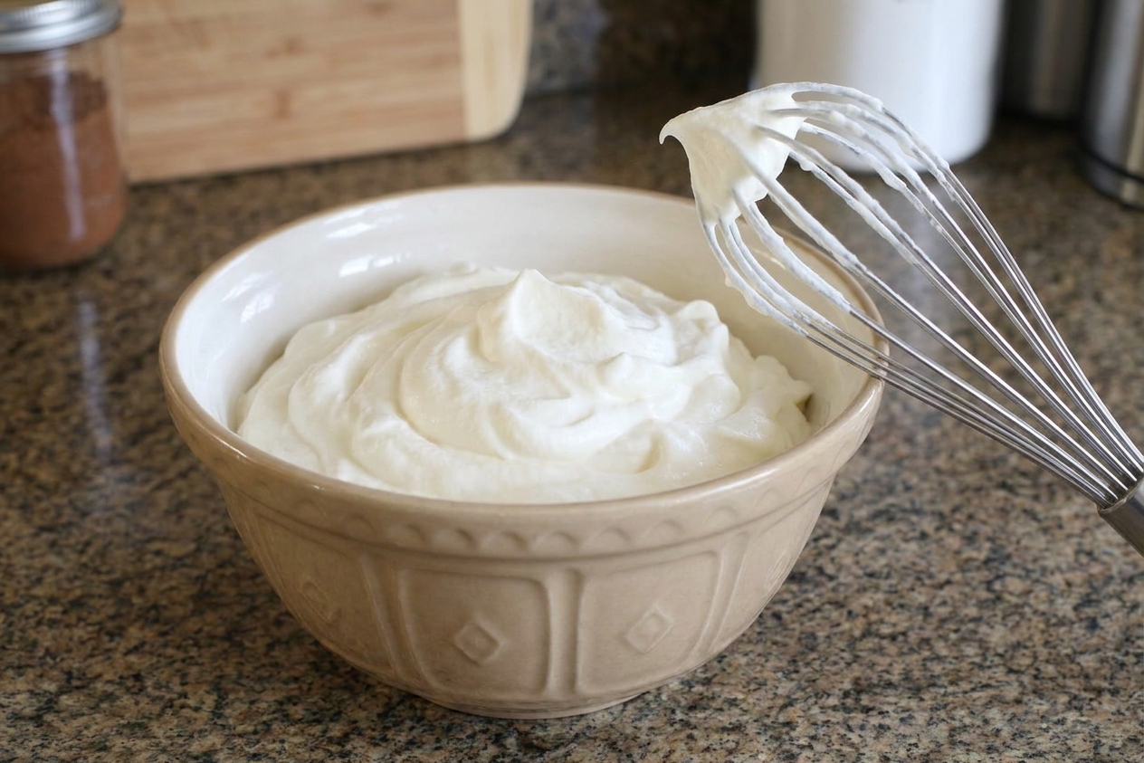 A bowl of lightly sweetened whipped cream with soft peaks and a whisk resting inside