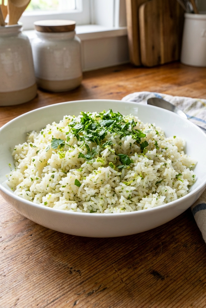 A bowl of lime cilantro rice with chopped cilantro on top