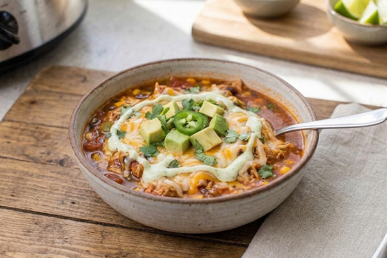 A bowl of low carb chicken taco soup topped with shredded cheese, diced avocado, cilantro, and a drizzle of lime crema on a rustic wooden table with a spoon