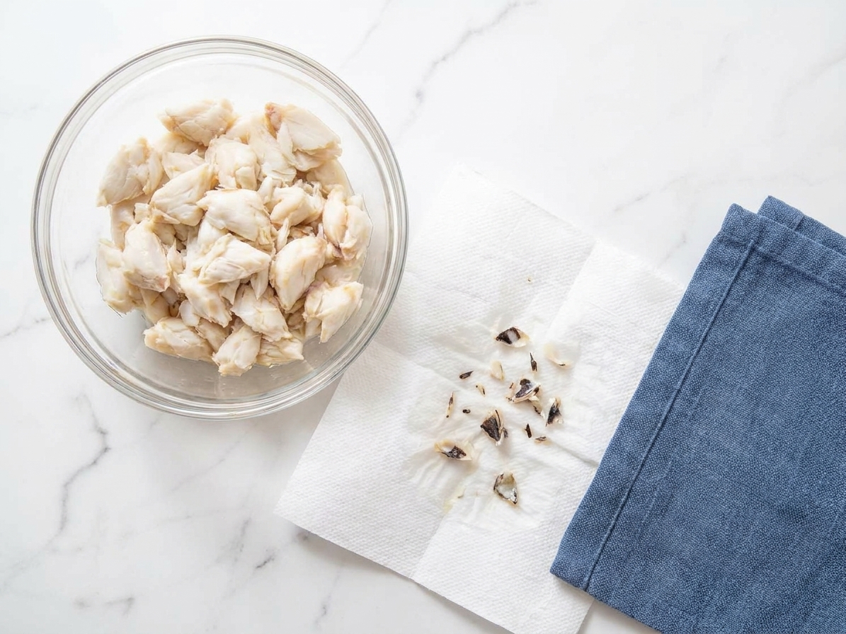 A bowl of lump crabmeat on a kitchen counter with paper towels nearby, showing the crab picked over and drained