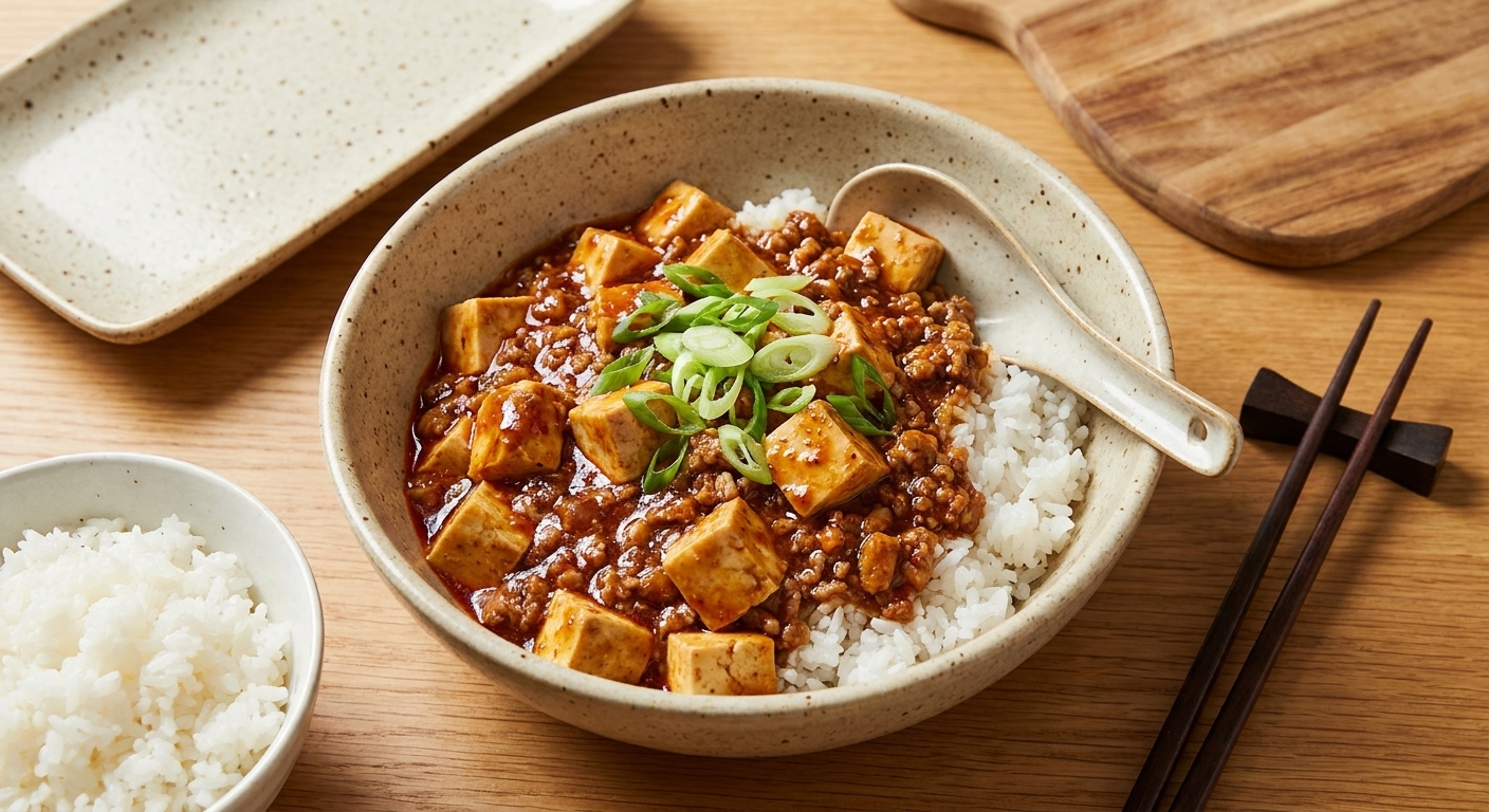 A bowl of mabo tofu spooned over white rice, sauce glossy and red-brown, topped with scallions on a simple dinner table