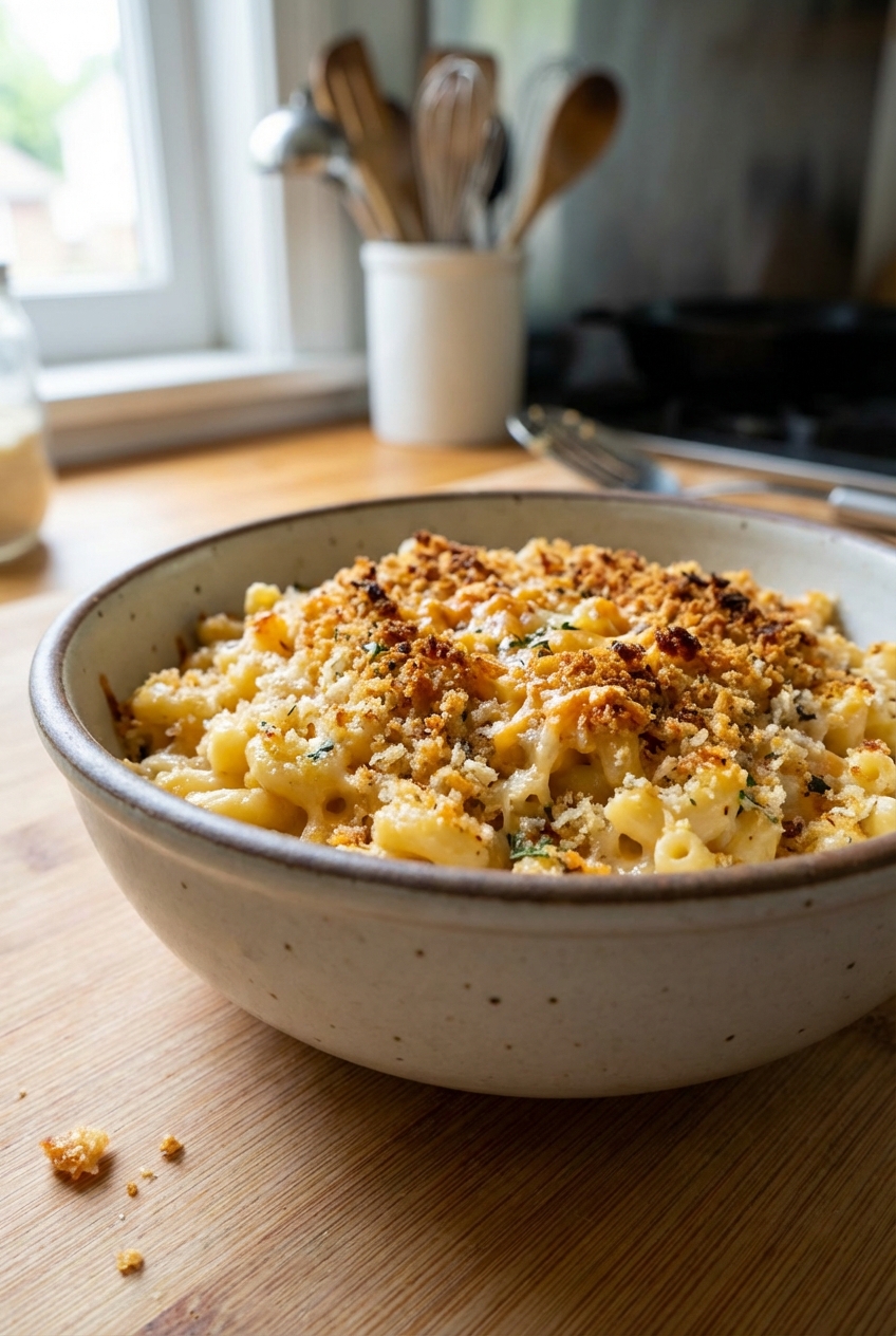 A bowl of macaroni and cheese with browned breadcrumb topping
