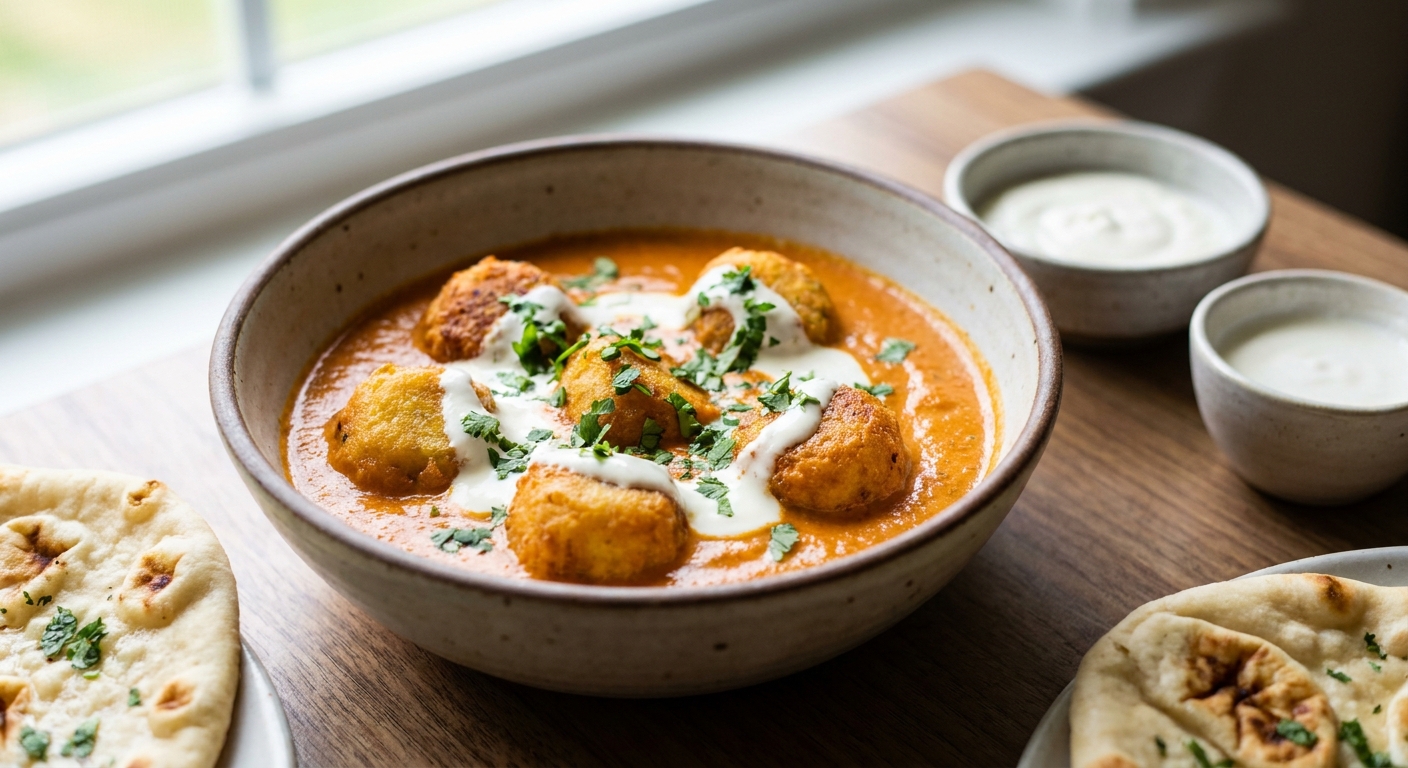A bowl of malai kofta with golden paneer-potato dumplings nestled in a creamy orange tomato-cashew gravy, finished with a swirl of cream and chopped cilantro, natural light food photography
