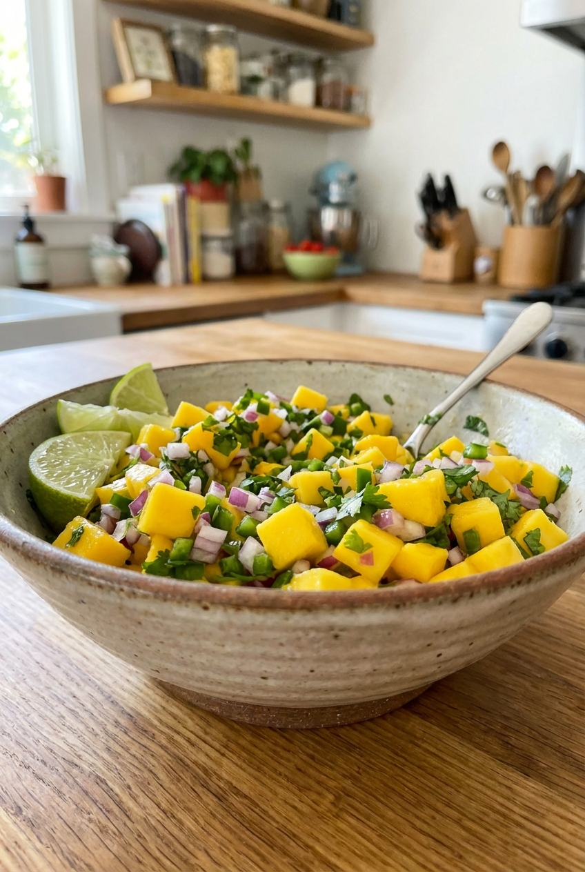 A bowl of mango salsa with red onion and lime