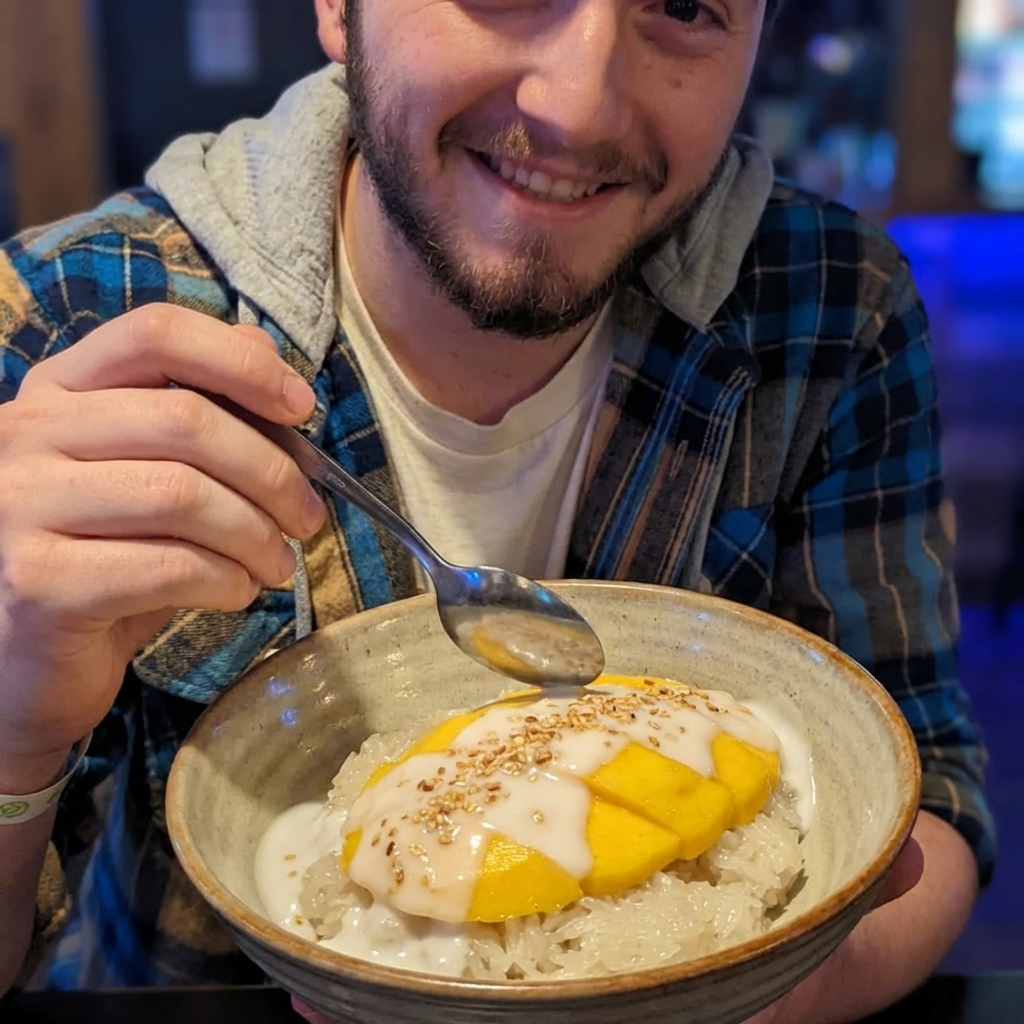 A bowl of mango with sticky rice and coconut drizzle