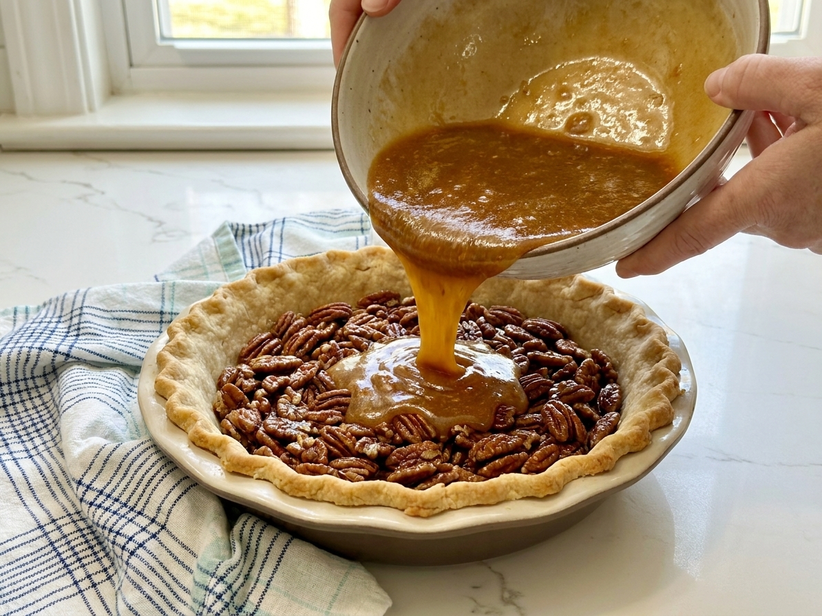 A bowl of maple and brown sugar filling being poured into a pie crust filled with toasted pecans on a kitchen counter