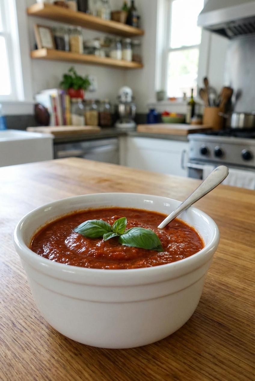 A bowl of marinara dipping sauce with basil and a spoon