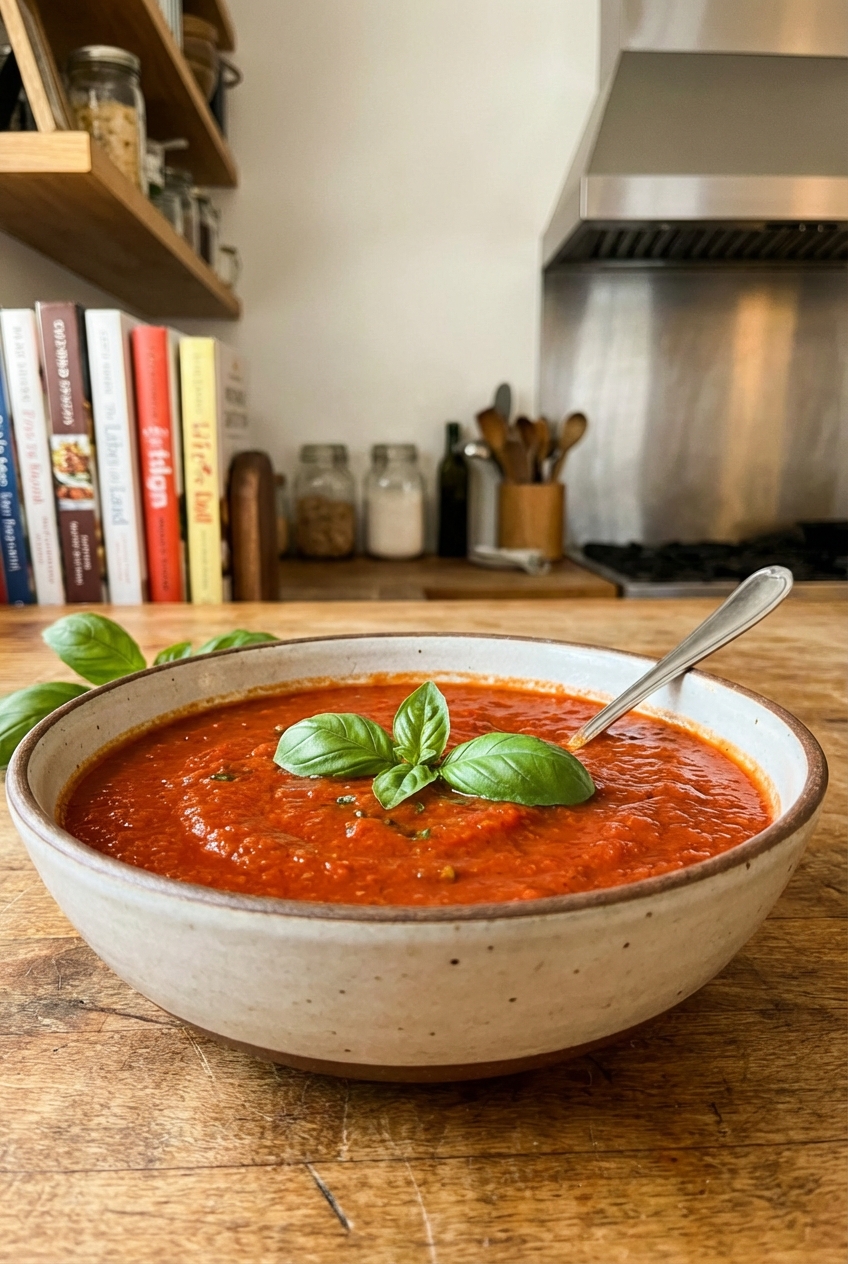 A bowl of marinara sauce with basil and a spoon
