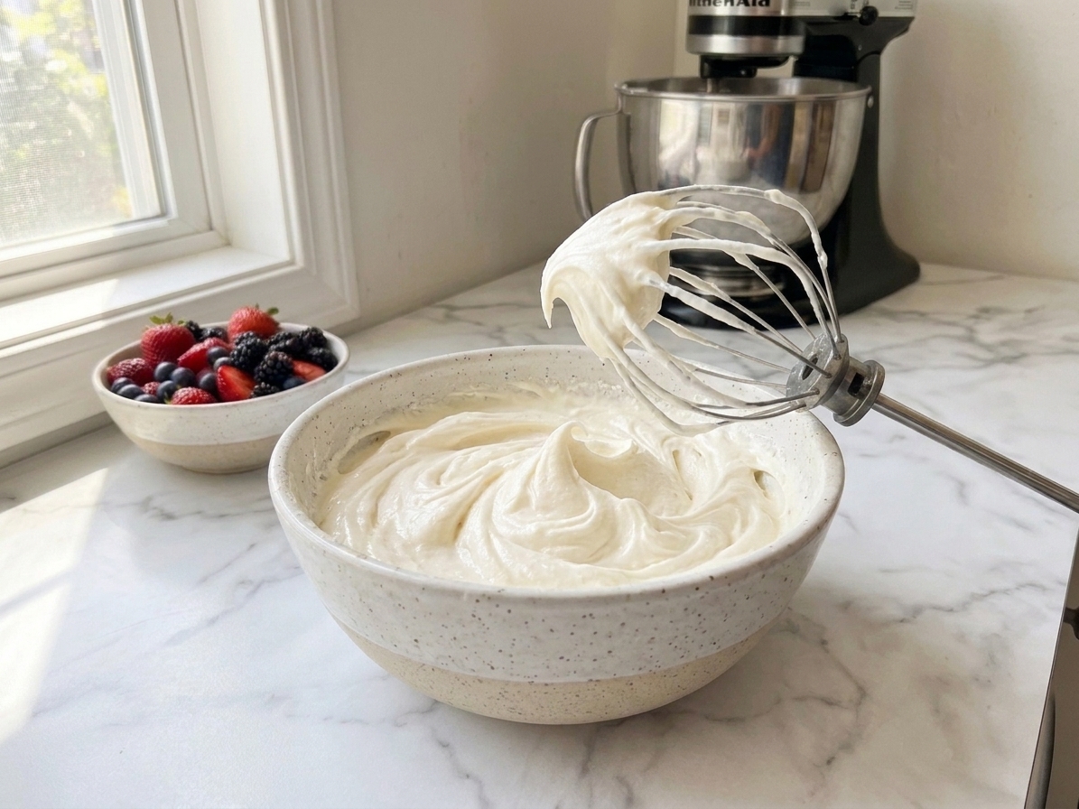 A bowl of mascarpone whipped frosting with soft peaks and a whisk attachment resting beside it
