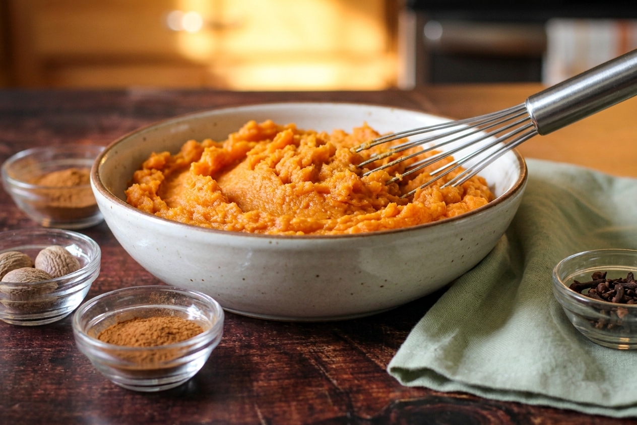A bowl of mashed baked sweet potatoes on a kitchen counter with a whisk and small bowls of spices nearby