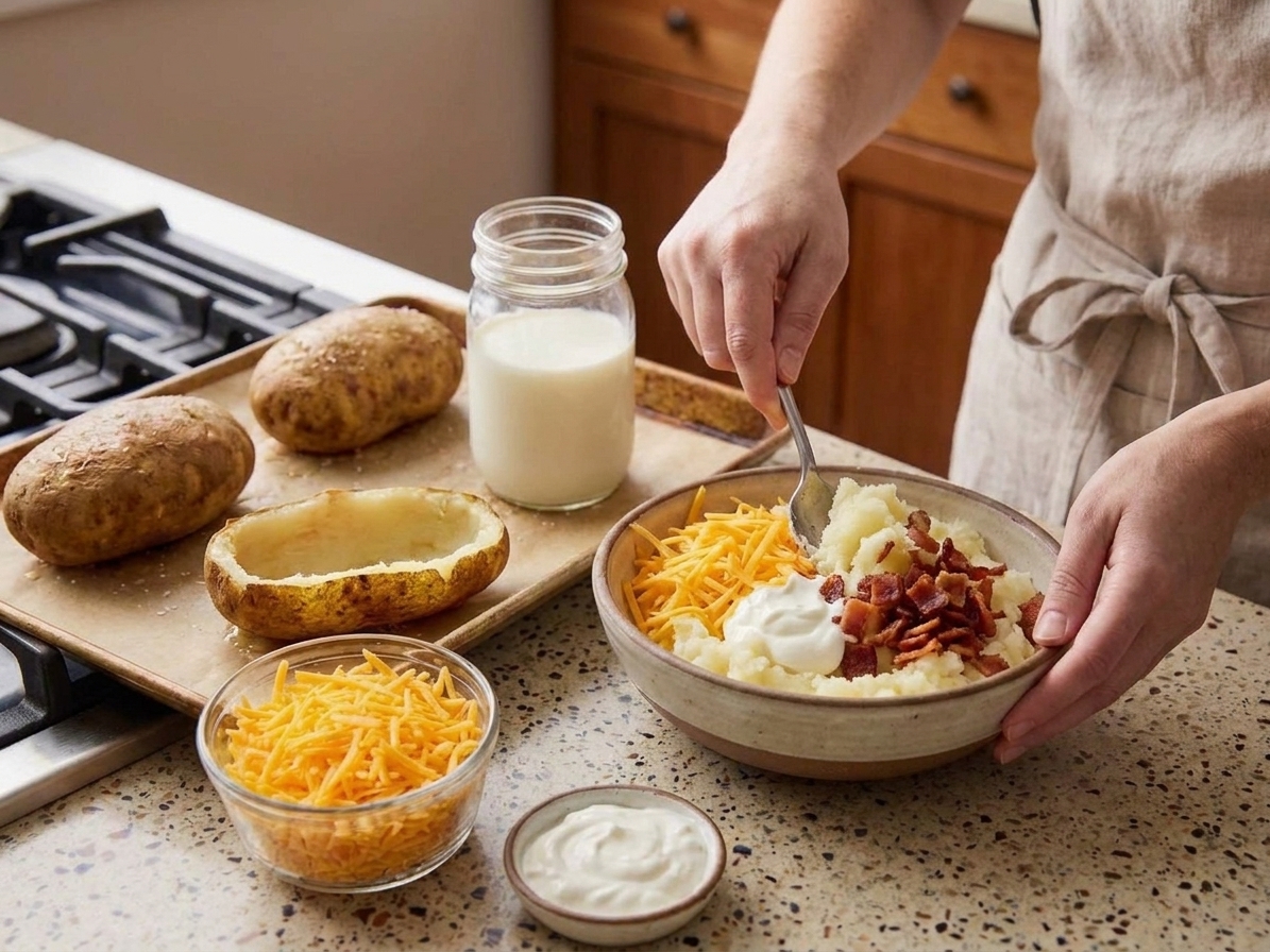 A bowl of mashed potato filling being mixed with shredded cheddar, sour cream, and bacon bits on a kitchen counter