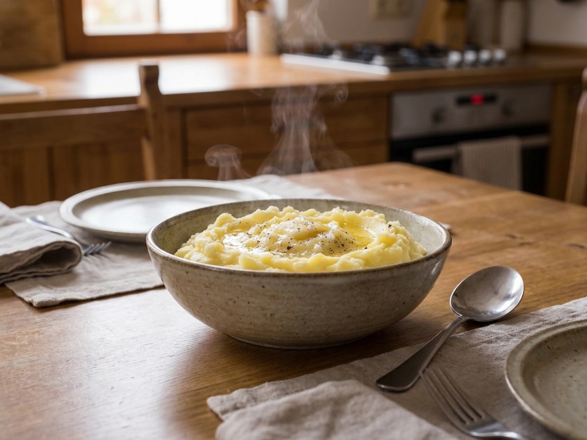 A bowl of mashed potatoes on a dinner table with a simple family-style table setting, warm light, and serving spoon nearby