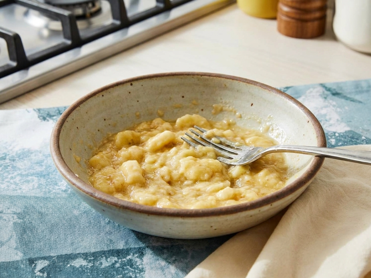 A bowl of mashed ripe banana with a fork on a bright kitchen counter