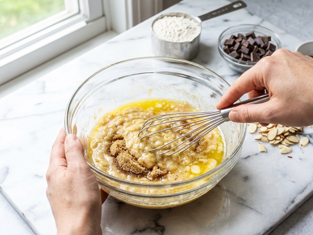 A bowl of mashed ripe bananas being whisked with melted butter and sugar on a kitchen counter