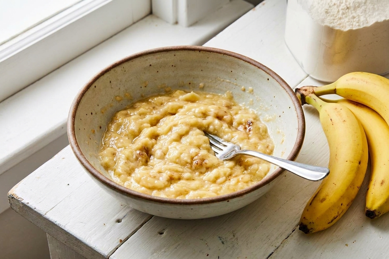 A bowl of mashed ripe bananas on a kitchen counter with a fork resting inside, ready to be added to cake batter