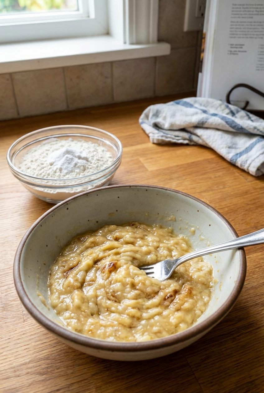 A bowl of mashed ripe bananas with a fork beside a small bowl of flour and baking soda on a kitchen counter