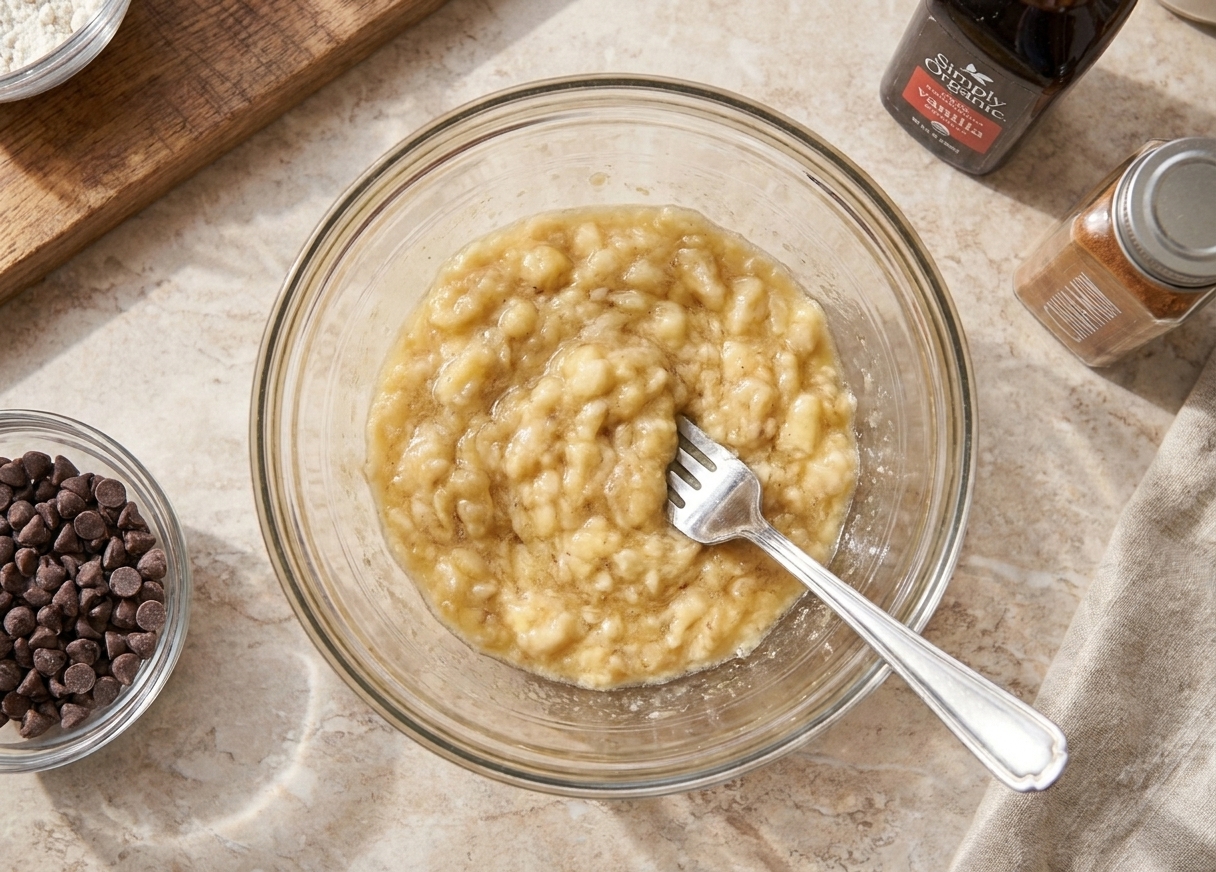 A bowl of mashed ripe bananas with a fork resting inside on a light countertop, baking ingredients nearby