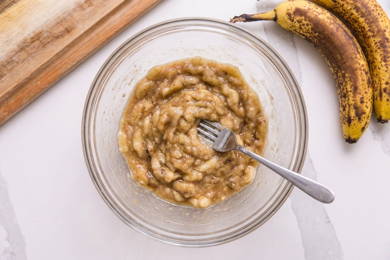 A bowl of mashed ripe bananas with a fork resting inside on a light kitchen counter