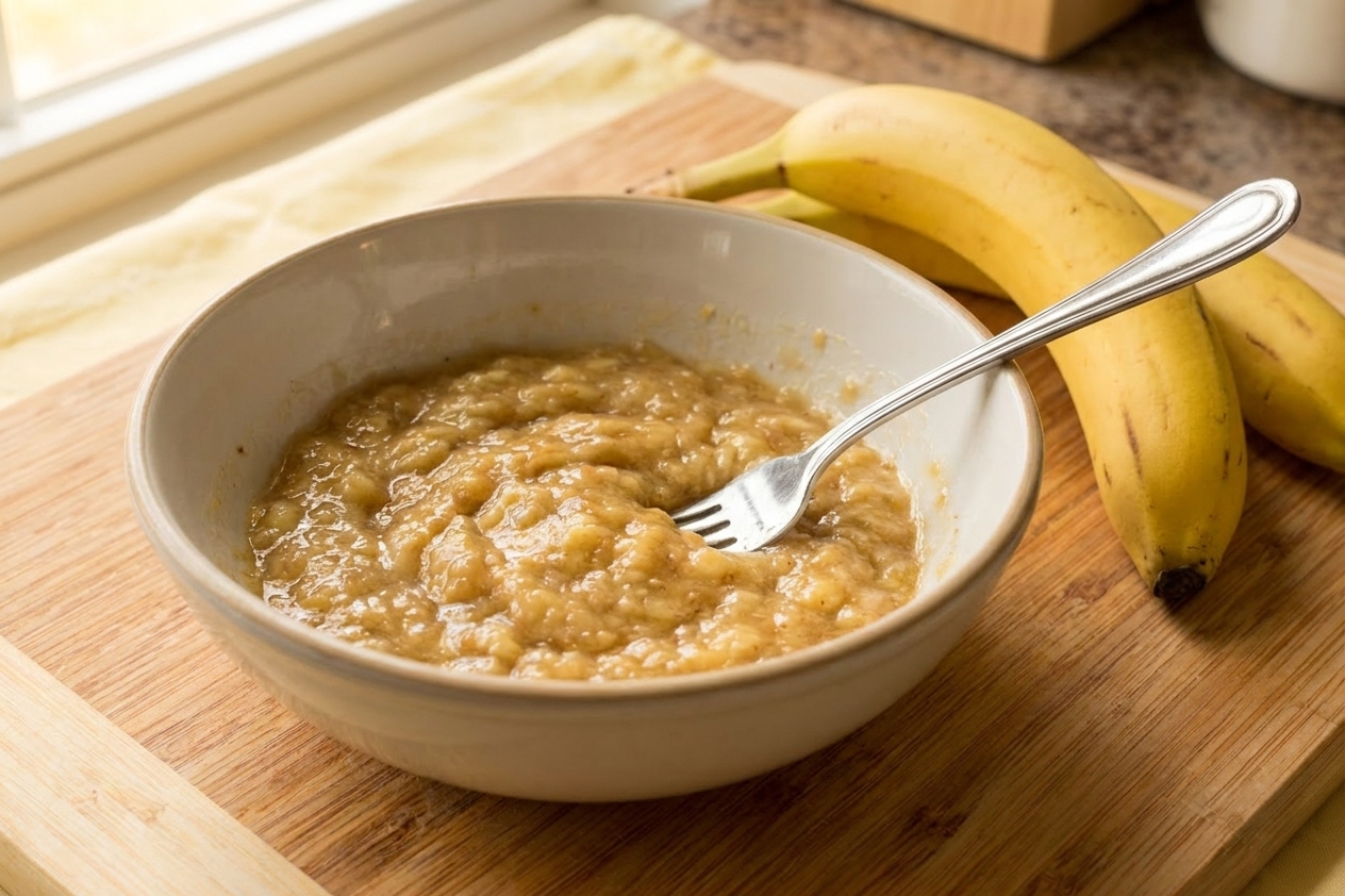 A bowl of mashed ripe bananas with a fork resting inside on a kitchen counter in natural light