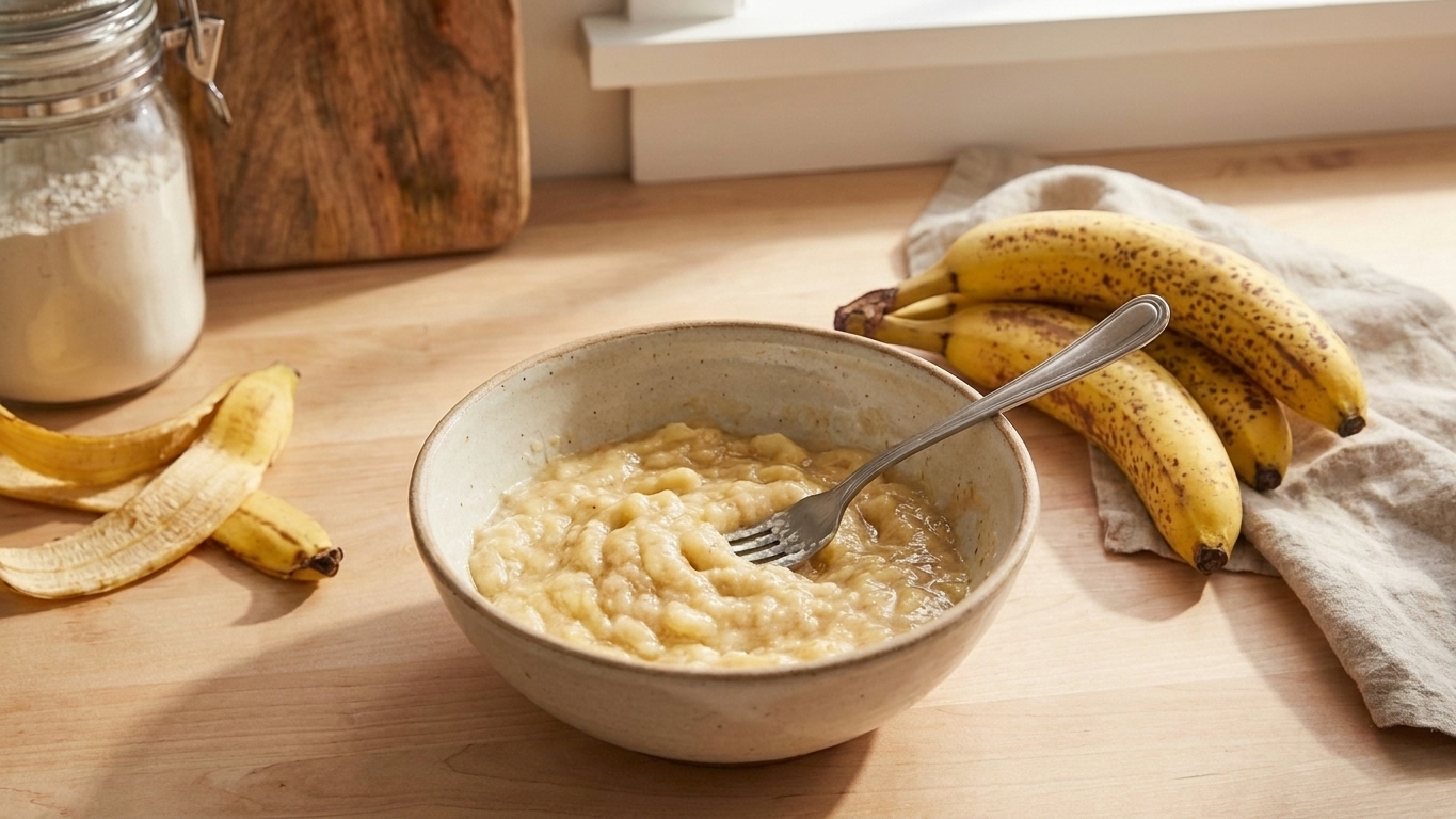 A bowl of mashed very ripe bananas with a fork resting inside on a kitchen counter