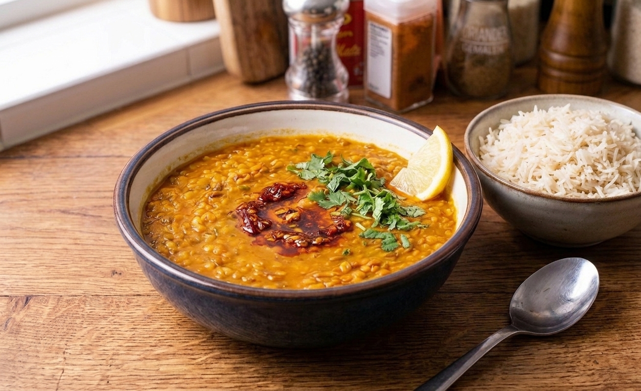 A bowl of masoor dal topped with cilantro and a small drizzle of spiced oil, with a lemon wedge and spoon on the side on a simple table setting