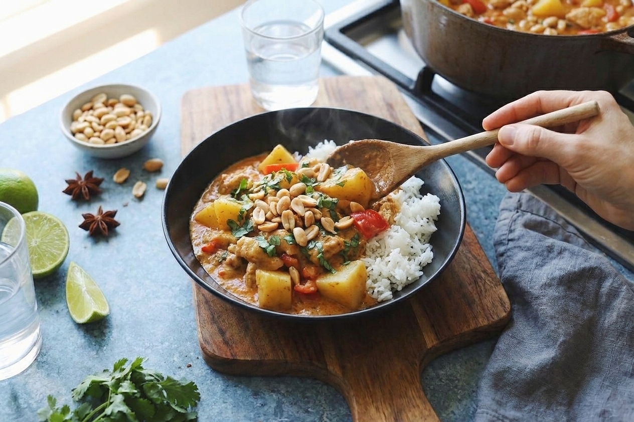 A bowl of massaman curry with tender chicken pieces, golden potatoes, and roasted peanuts in a creamy coconut sauce, served with jasmine rice on a wooden table in warm natural light
