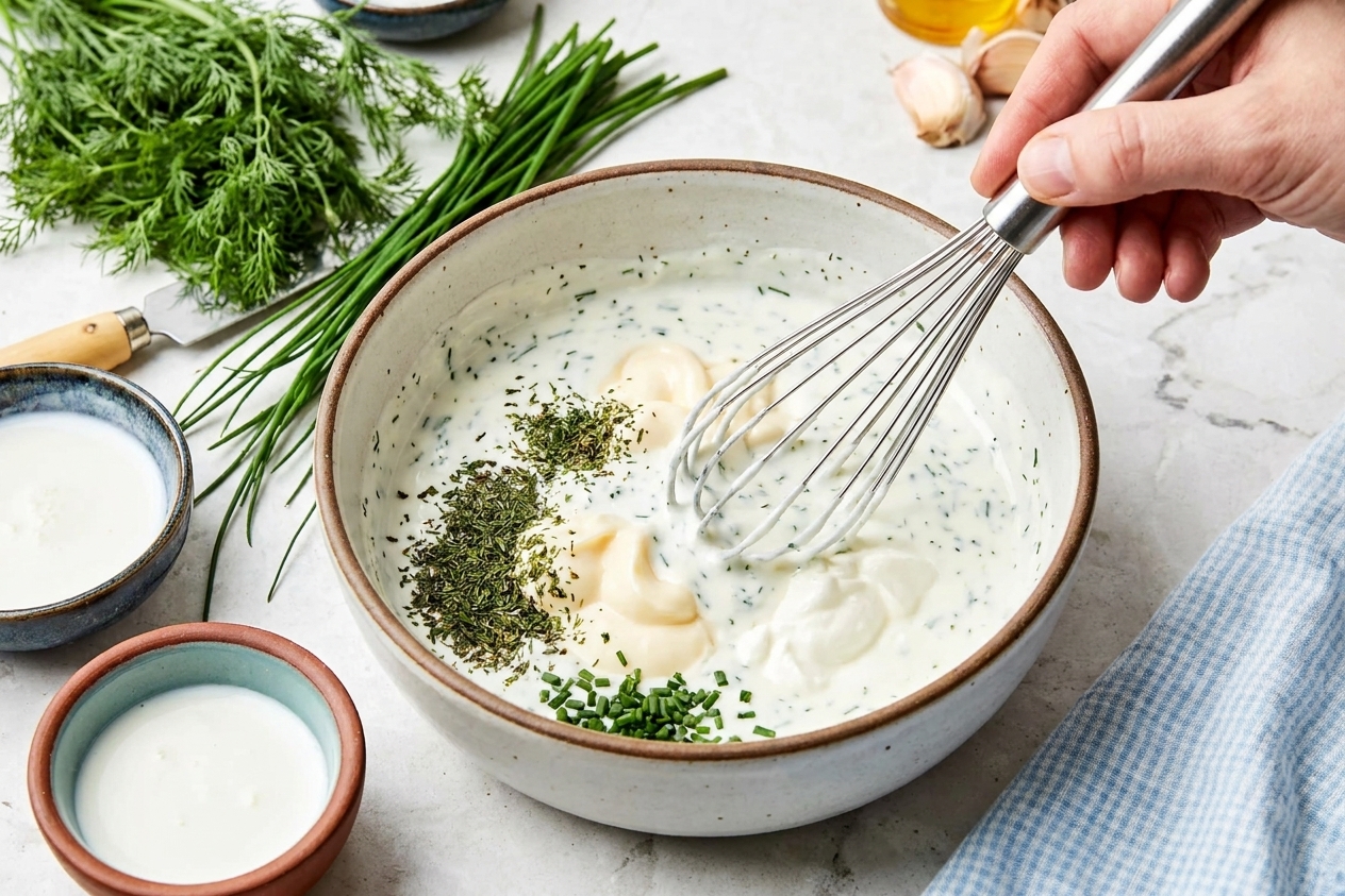 A bowl of mayonnaise, sour cream, buttermilk, and dried herbs being whisked together until smooth.