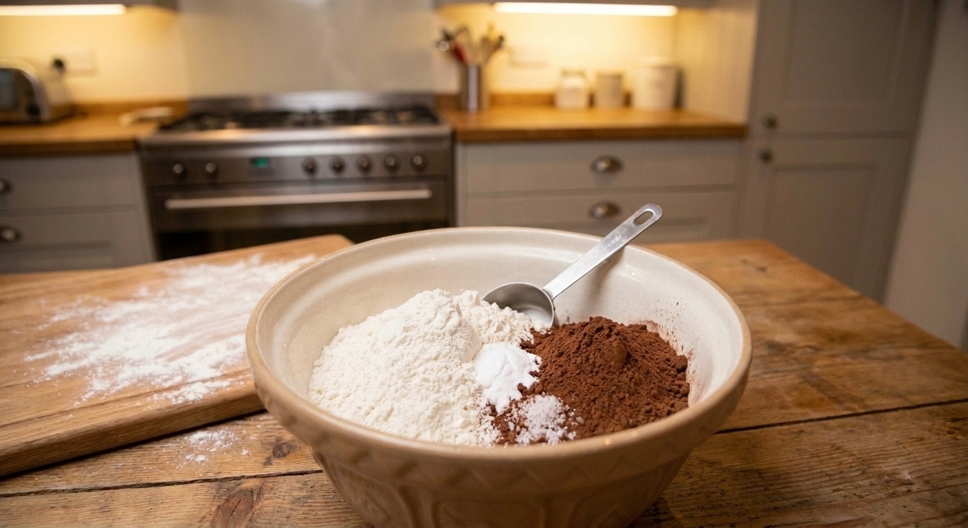 A bowl of measured dry ingredients for cupcakes with flour, cocoa powder, baking soda, and salt on a kitchen counter