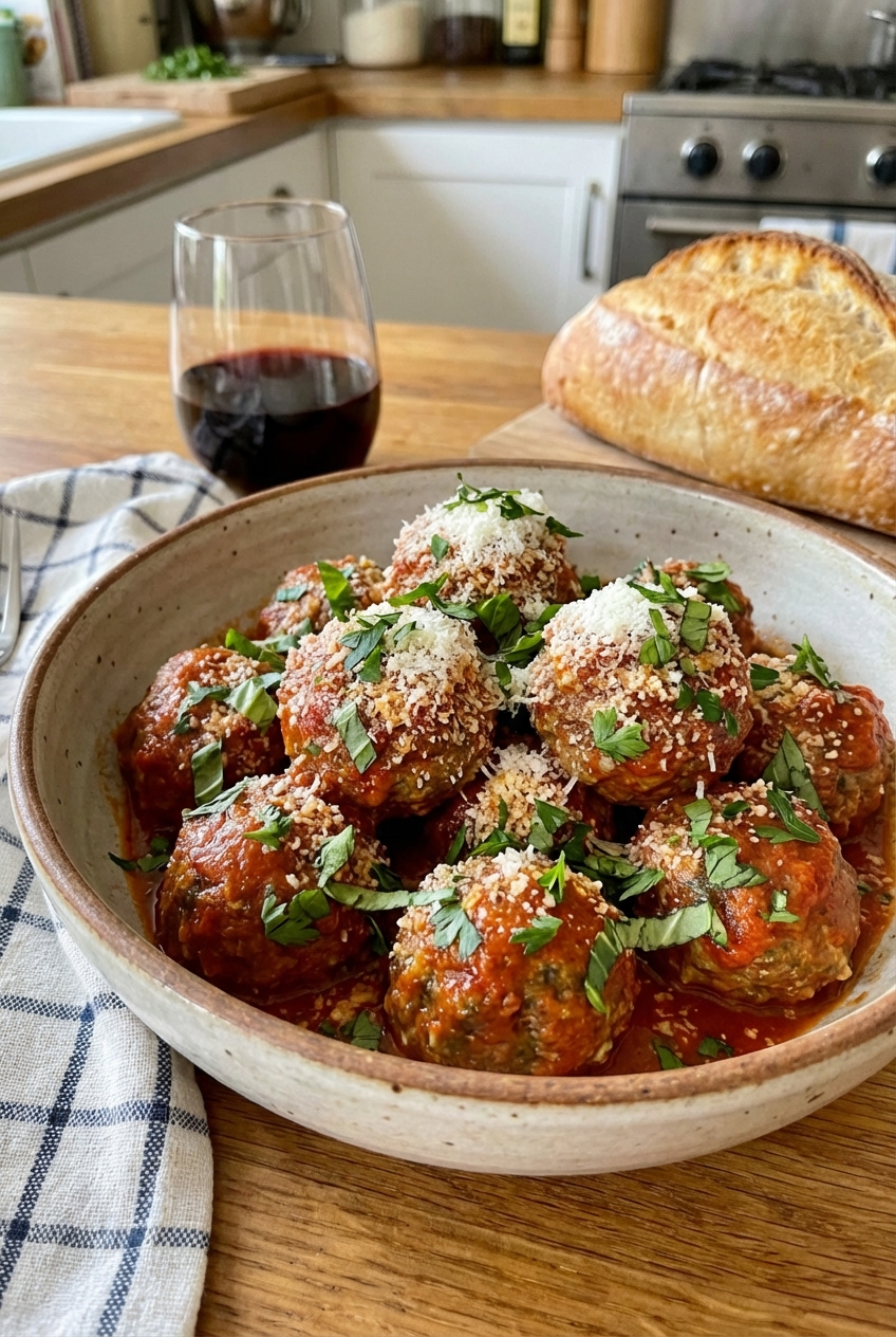 A bowl of meatballs with parmesan and herbs